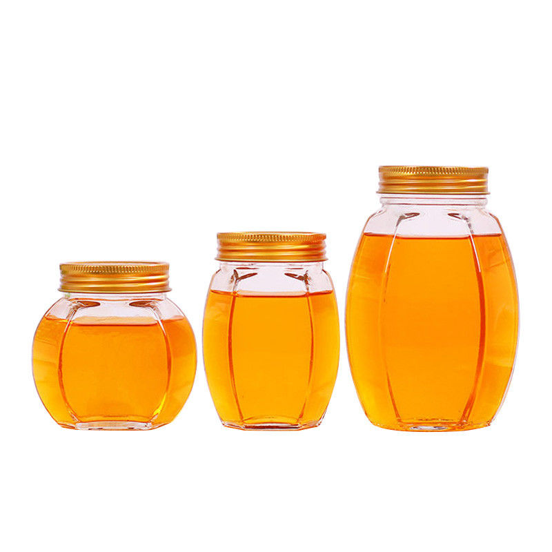 Da forma de vidro do hexágono do frasco do mel da tampa do metal recipiente de armazenamento reciclável do alimento fornecedor